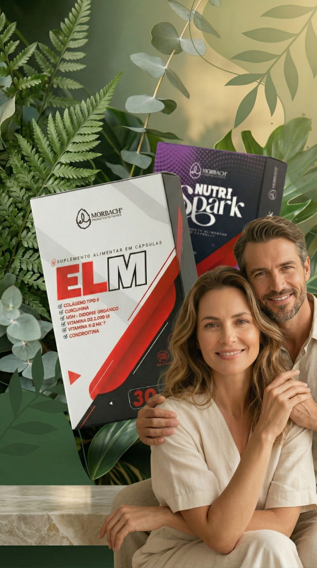 Casal ao lado das caixas de ELM e Nutri Spark em ambiente natural